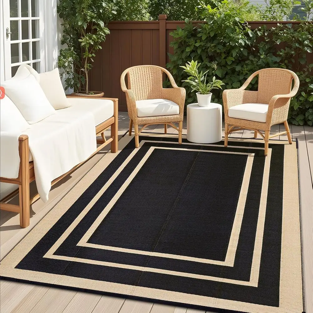 

Reversible Waterproof 8x10 Outdoor Rug - RV, Patio, Deck, Camping - Black & Beige