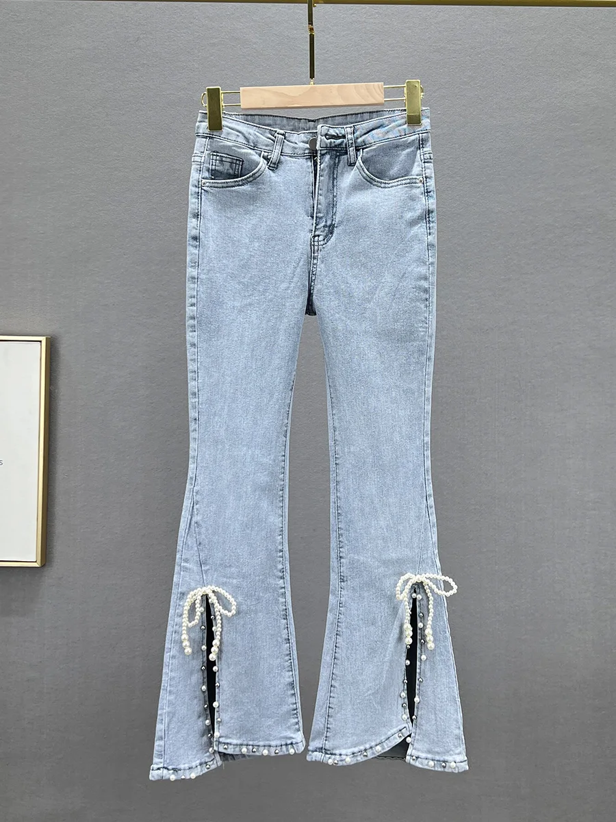 

High Waist Slim Fit Bell Bot Jeans Women's Faion Spring Summer New Arrival Cotton Stretch Denim Embellied Split Nine-P...