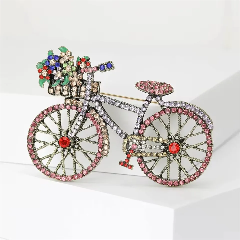 Creative Bicycle Brooch for Women Men Fashion Rhinestone Flower Basket Brooches Pins Jewelry Accessories Party Gifts 2025