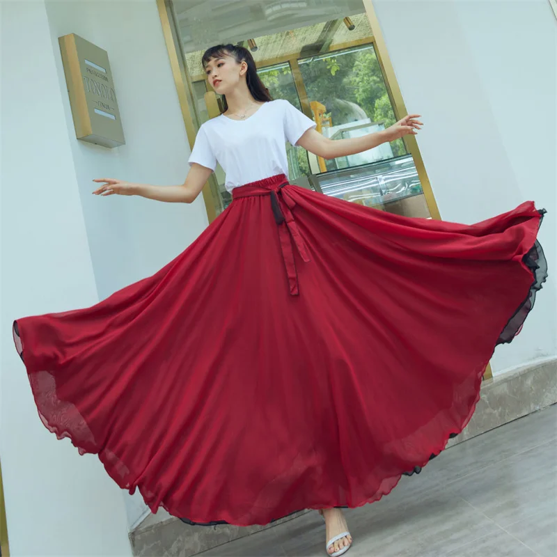 Both Sides Can Wear Dance Skirt Women Double Chiffon Skirts Elastic Waist Lace-up Maxi Skirts Elegant Female Big-hem Skirts 2026