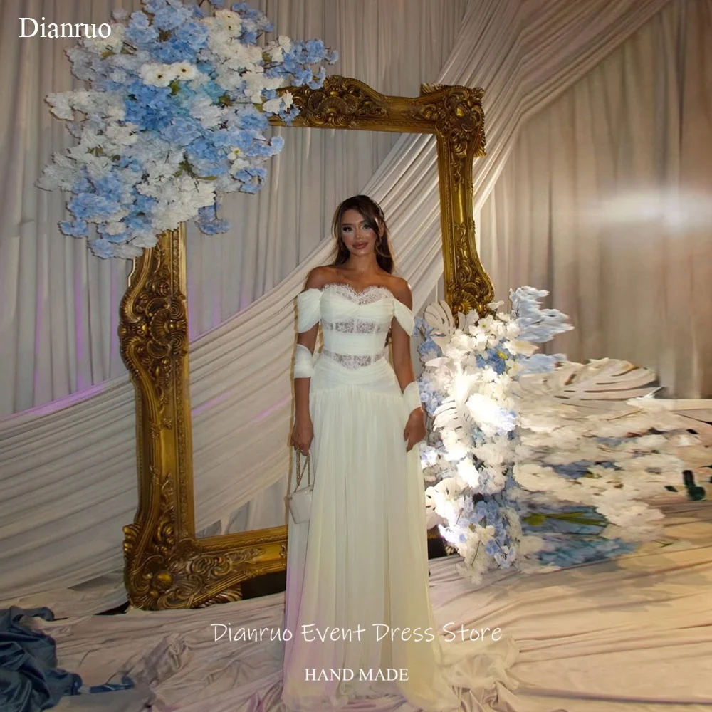 

Dianruo Romantic Lace Trim Wedding Dresses A Line Maxi Bridal Vestido De Noiva Chiffon Off Shoulder Evening Dress Customized