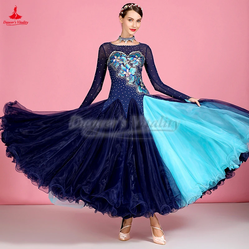 Dark Blue Hook Finger Long Sleeves Social Dance Perform Dresses Adult Waltz Foxtrot Quickstep Tango Contest Professional Clothes