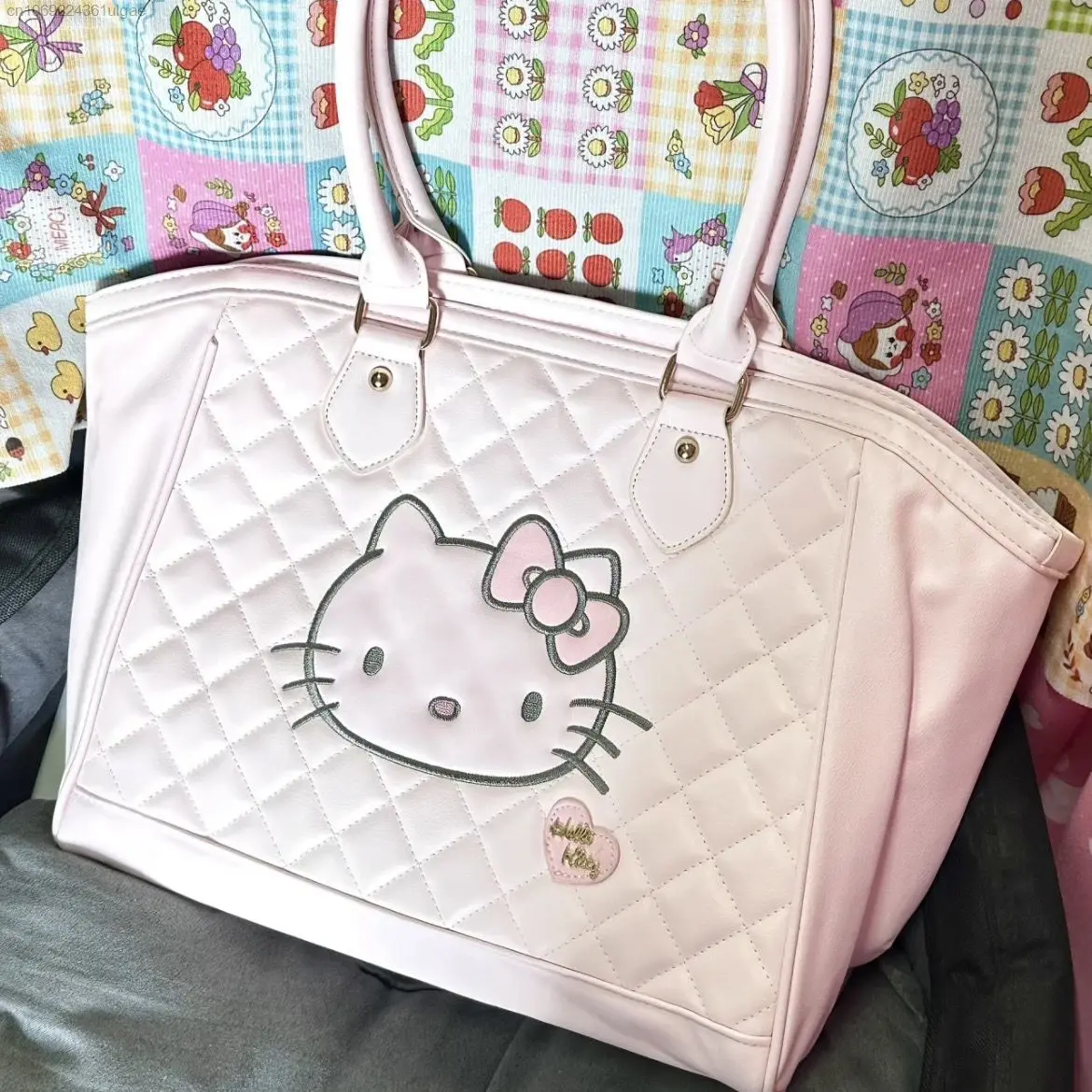 Sanrio Hello Kitty Pink PU Leather Fashion Bags Women Luxury Design Handbag Y2k Cartoon New Cute Totes Female Trendy Travel Bag