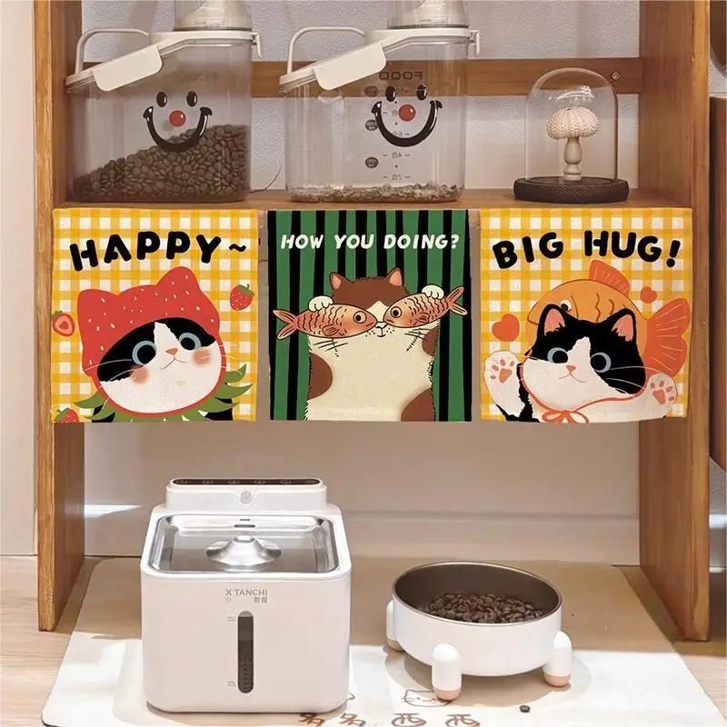 VIKAMA Cartoon Kitten Noren Curtain Checkerboard Fabric Pet Room Small Door Curtain Window Room Divider Home Cafe Decor