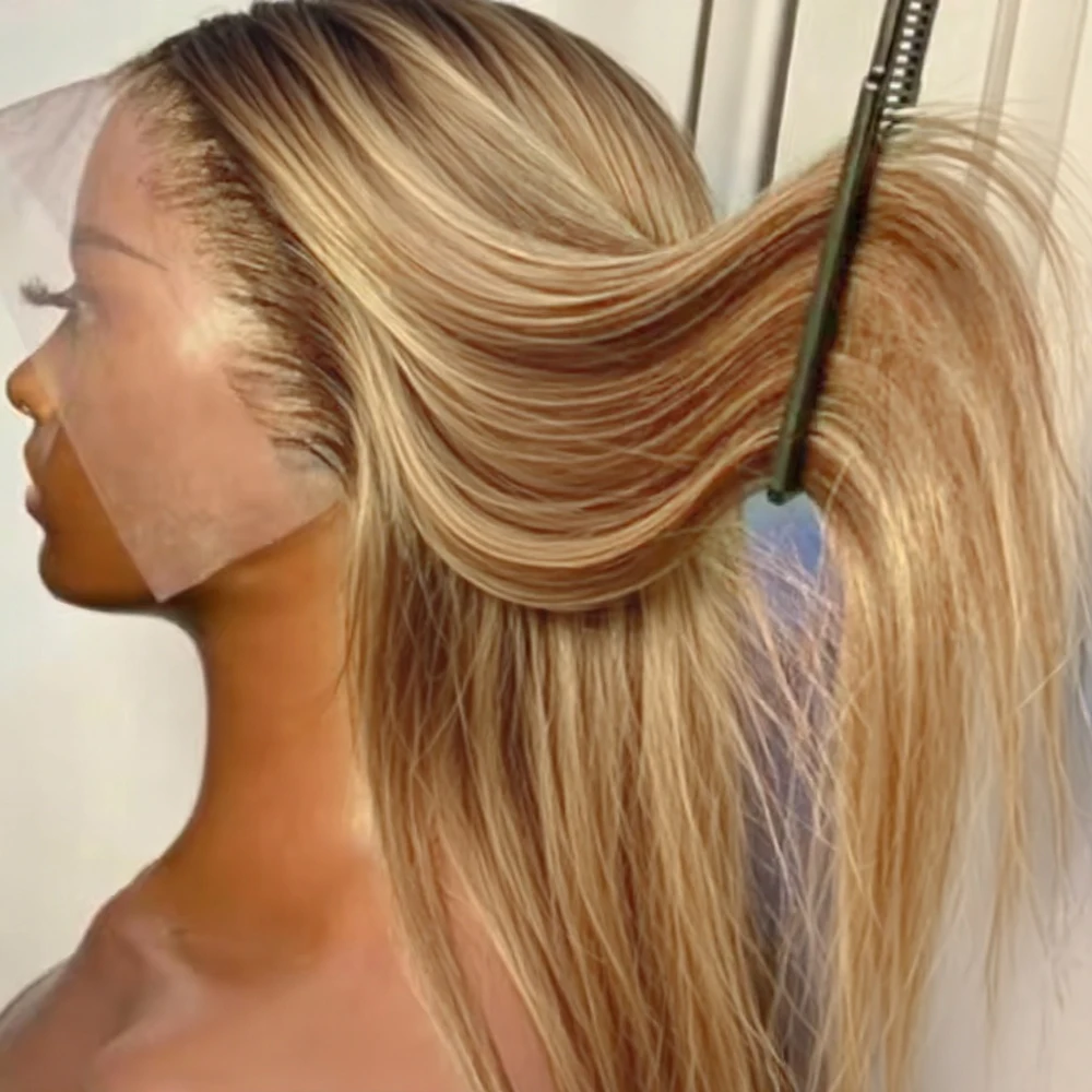 

Highlight Bone Straight Hd 13X4 Кружевные фронтальные парики Синтетический Ombre Медовый блондин / Ombre Blonde Цветной передний парик для женщин