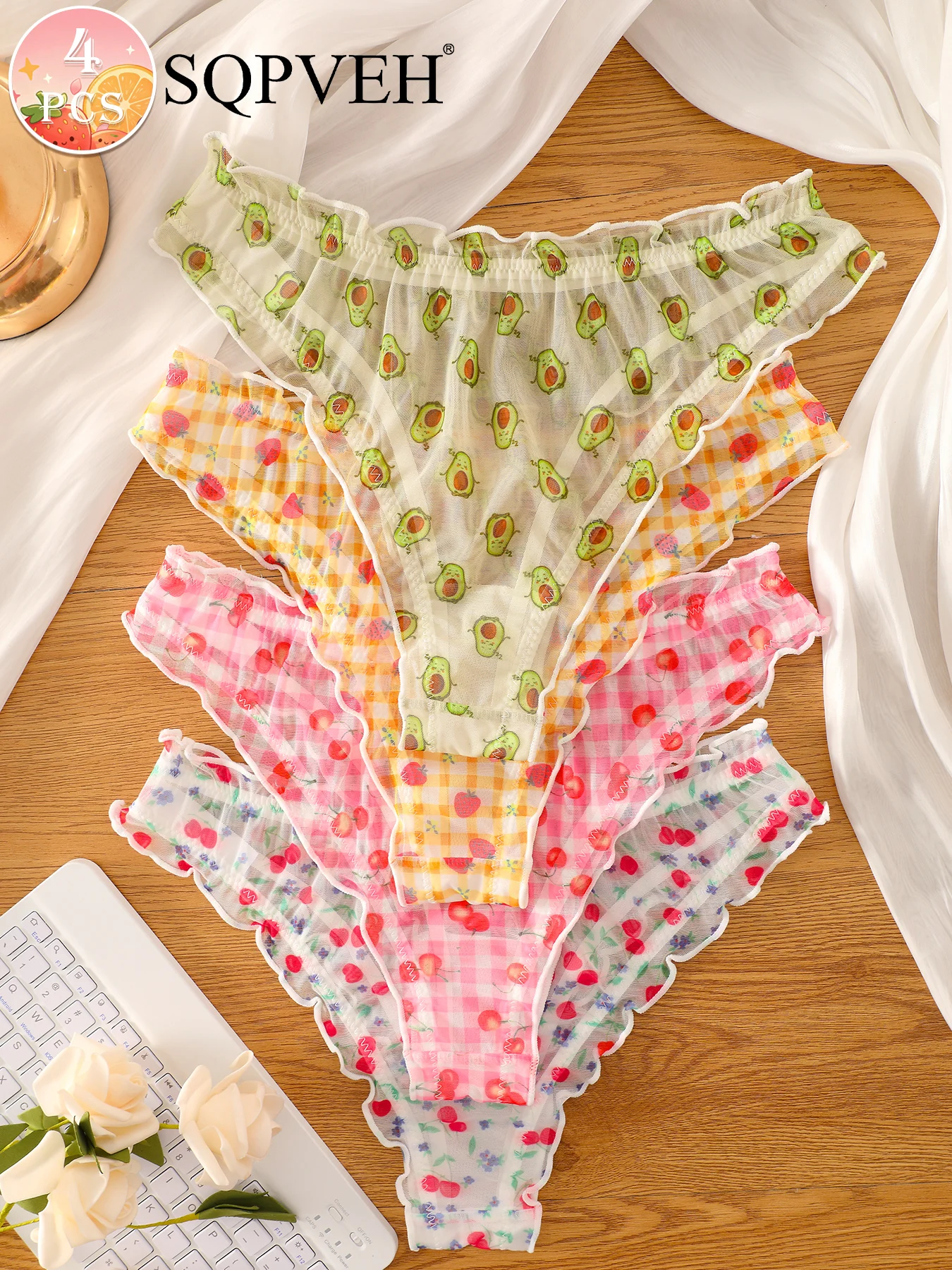 4Pcs Women's Fruits Print Mesh Thongs Ruffle Trim Bow Decor Sheer Briefs Cute Sexy Underwear Panties