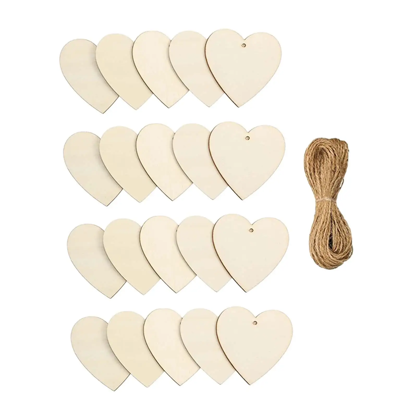 20pcs Heart Shaped Cutout Wooden Slice Hanging Ornaments (Unfinished with Rope)
