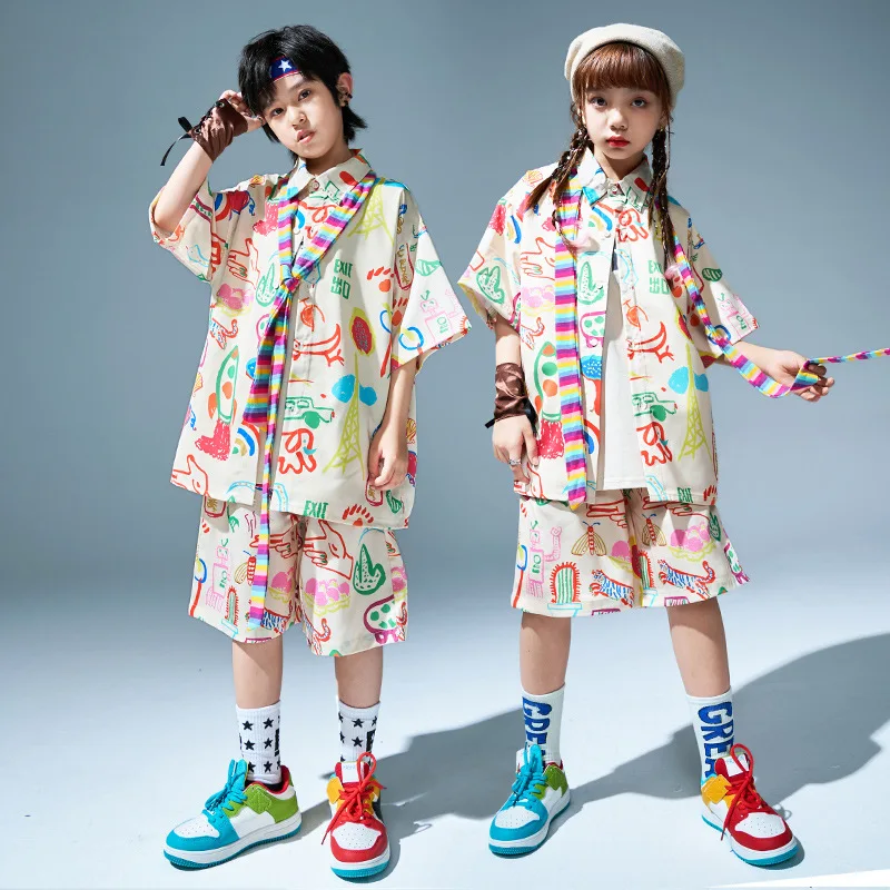 Girls Short Hip Hop Set Geometric Animal Print Top Short Pant Rainbow Scarf for Boys Kids Jazz Clothes Street Dance Costume