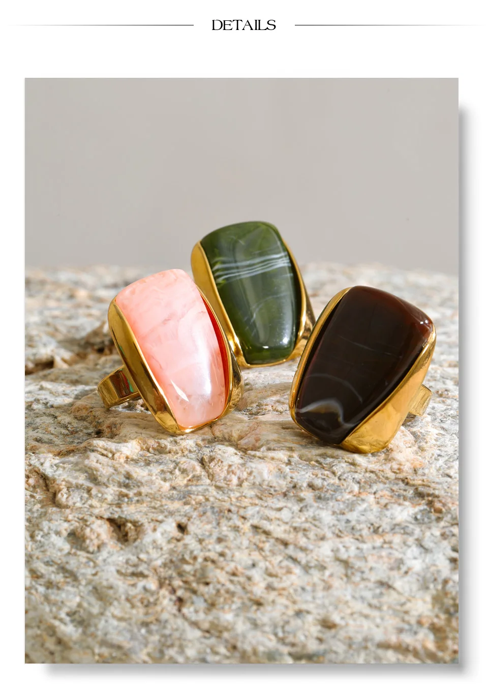 Yhpup Rosa-Grün-Kaffee-Farbener Acrylharz Rechteckiger Verstellbarer Ring 18K Goldfarben Edelstahl Modeschmuck – Detail 9