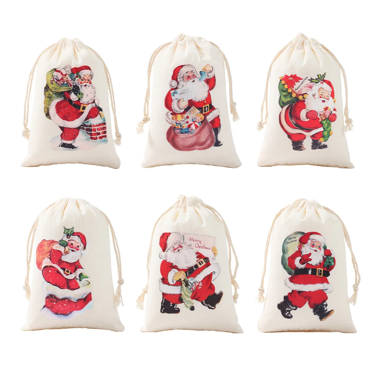 

6pcs Christmas Linen Drawstring Bags Burlap Gift Bags Christmas Decoration for Home 2025 Xmas Navidad Noel Gift Packaging Bags