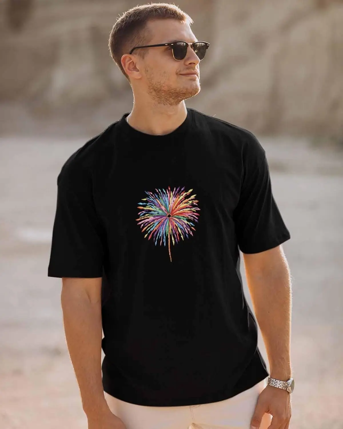 Men's T-Shirt, Novelty Graphic T-Shirt Brilliant Fireworks Embroidery Cotton Crew Neck Men's Short Sleeve Basic Tshirts Black-L