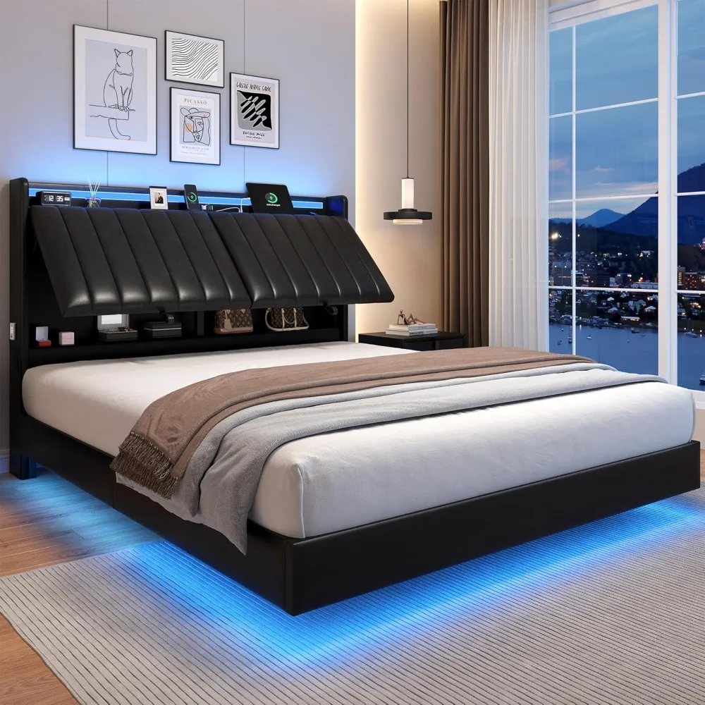 Estrutura de cama flutuante de tamanho completo com cabeceira de armazenamento oculto ergonômico e luzes LED, estrutura de cama LED flutuante visual com carregamento