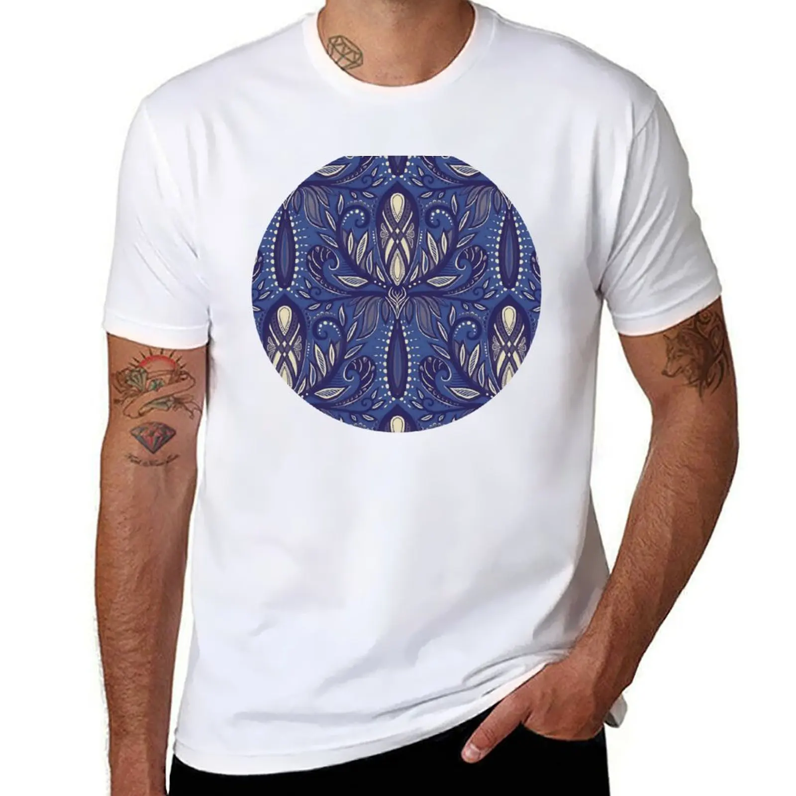 

Blue Purple, Indigo and Cream Boho Abstract Botanical Damask T-Shirt t shirt for man t shirts for man graphic funny T-Shirt