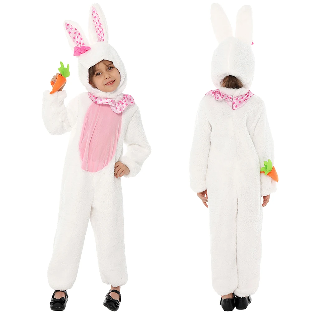 

Пасхальный кролик, детский костюм для косплея, плюшевый теплый комбинезон, шляпа, браслет с морковью, детская одежда, наряды на Хэллоуин, карнавал, вечеринку