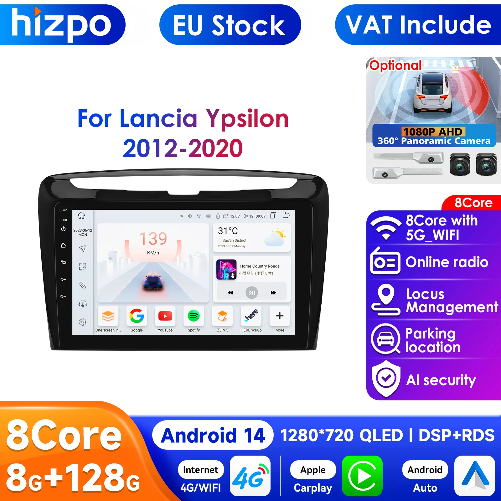 AI Voice 9''Android Stereo per Lancia Ypsilon 2012 - 2020 Autoradio Lettore video multimediale Navigazione GPS CarPlay Autoradio DSP