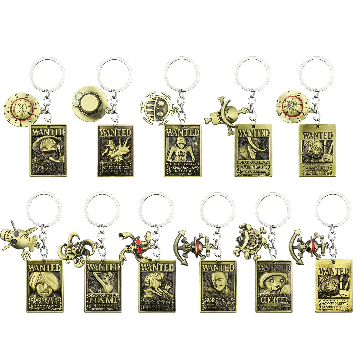 Ensemble de porte-clés One Piece avec affiches de recherche, comprenant Luffy, Zoro, Robin, Ace et Law, couleur bronze, styles variés, fabrication soignée