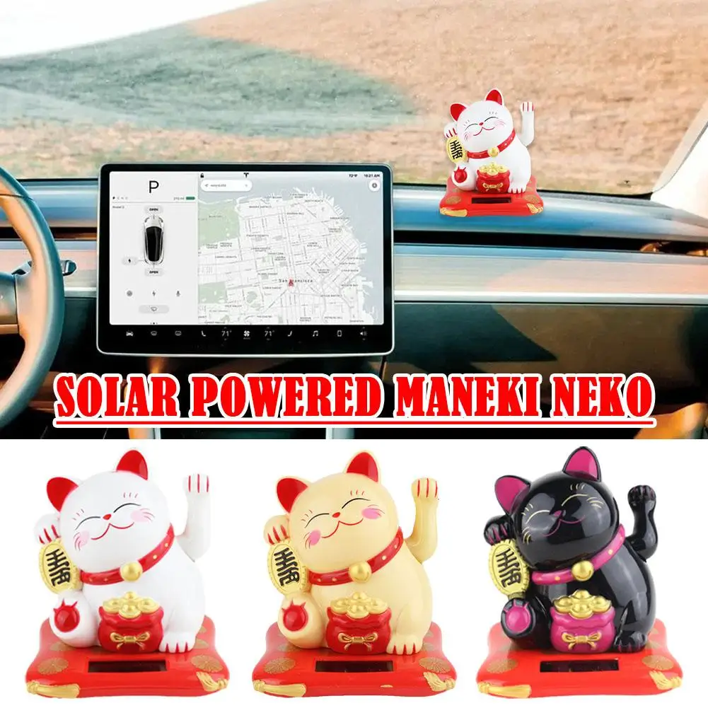 Solar Powered Maneki Neko Lucky Cat Welcoming Chinese Lucky Cat Waving Hand Beckoning Fortune Cat Figurines For Car Home De J0J5