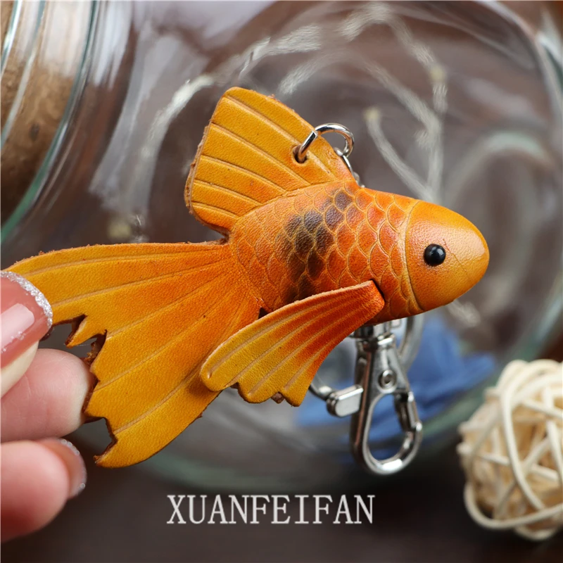 Cowhide Small Goldfish Bag Charm Keychain Pure Handmade Small Red Fish Small Yellow Fish Bag Hanging Key Chain Koi