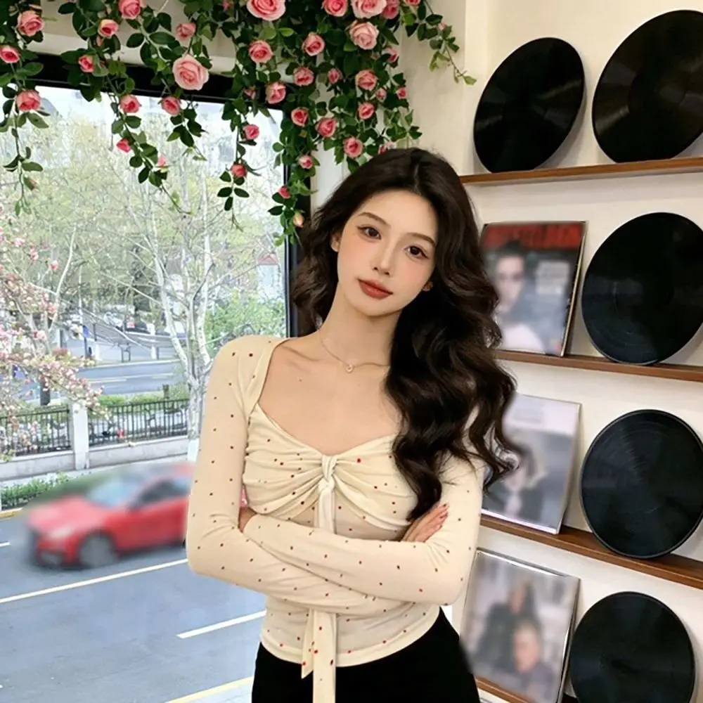 

New Polka Dot Long Sleeve Shirts Bowknot Square Collar Bowknot Shirt Pleated Breathable Long Sleeve top Women