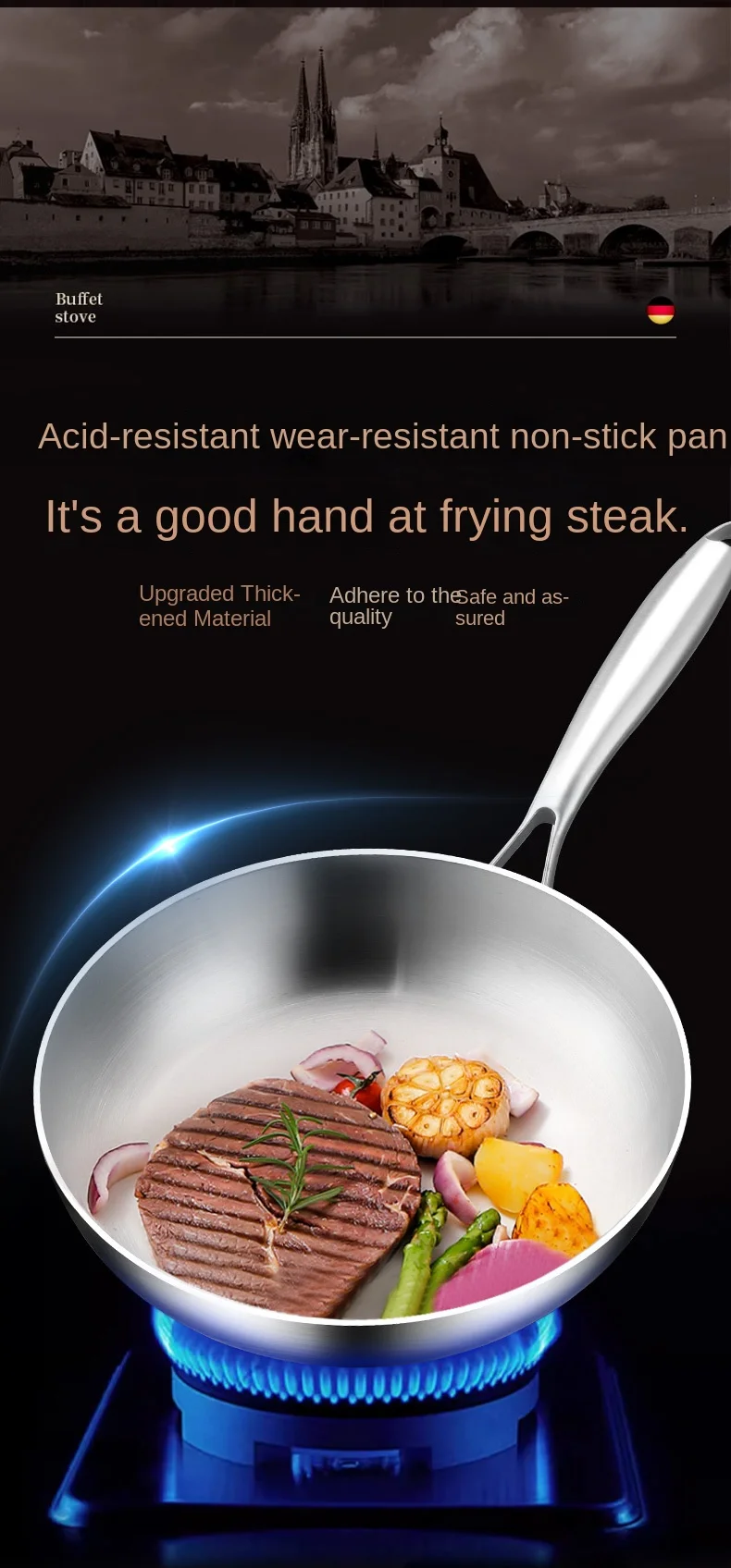 Bratpfanne aus Edelstahl 316, Antihaft-Pfanne, gebratener Steaktopf, unbeschichtetes Küchenkochgeschirr für Gasherd und Induktionsherd, Wok – Detail 7