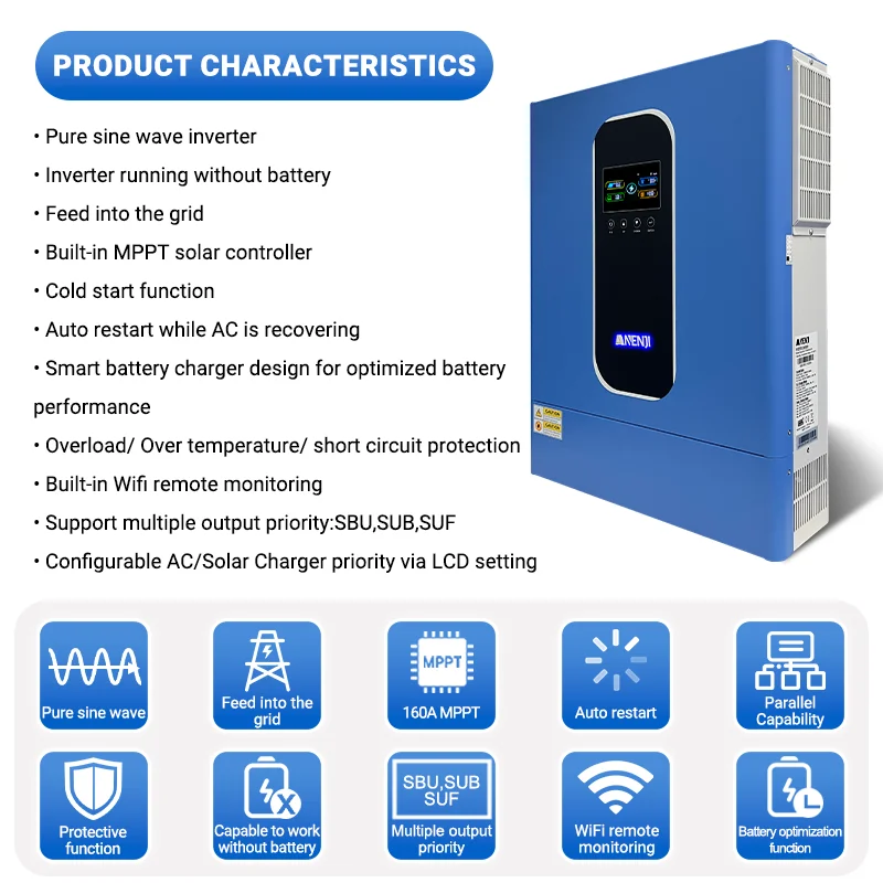 ANENJI Hybrid Solar Inverter 11KW 48V 160A MPPT Support Parallel 6 Unit 220VAC Dual Outputs Off-Grid Home Inverter With WIFI