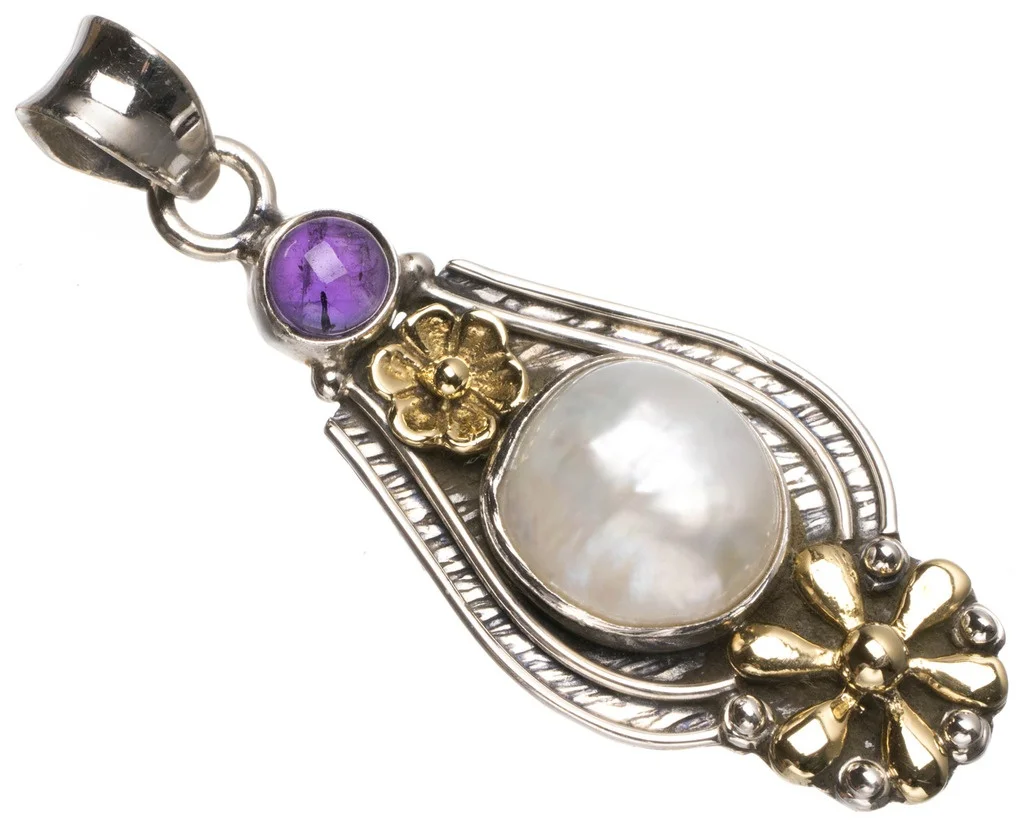 Two Tones River Pearl and Amethyst Handmade Mexican 925 Sterling Silver Pendant 2