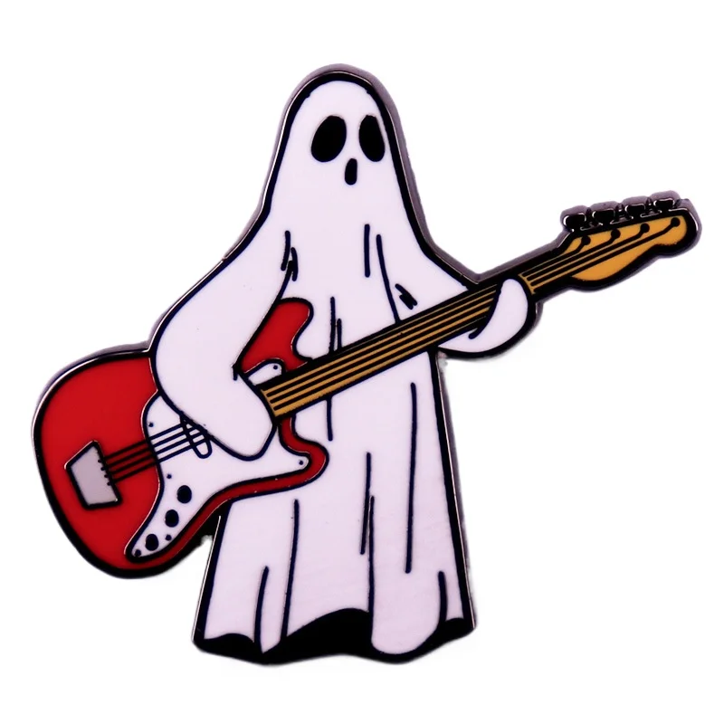 펑크 기타 유령 하드 에나멜 핀, 으스스한 할로윈 쥬얼리 선물, 해골 금속 배지 브로치, 도매