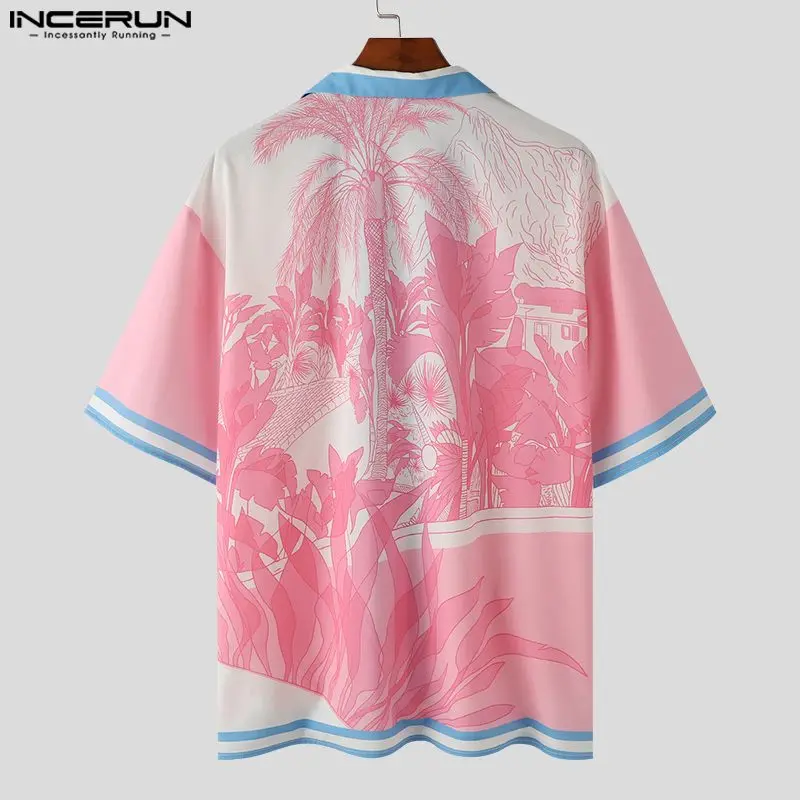 Men Casual Shirt Printing Patchwork Lapel Short Sleeve Loose Men Clothing Streetwear 2024 Fashion Leisure Shirts S-5XL INCERUN