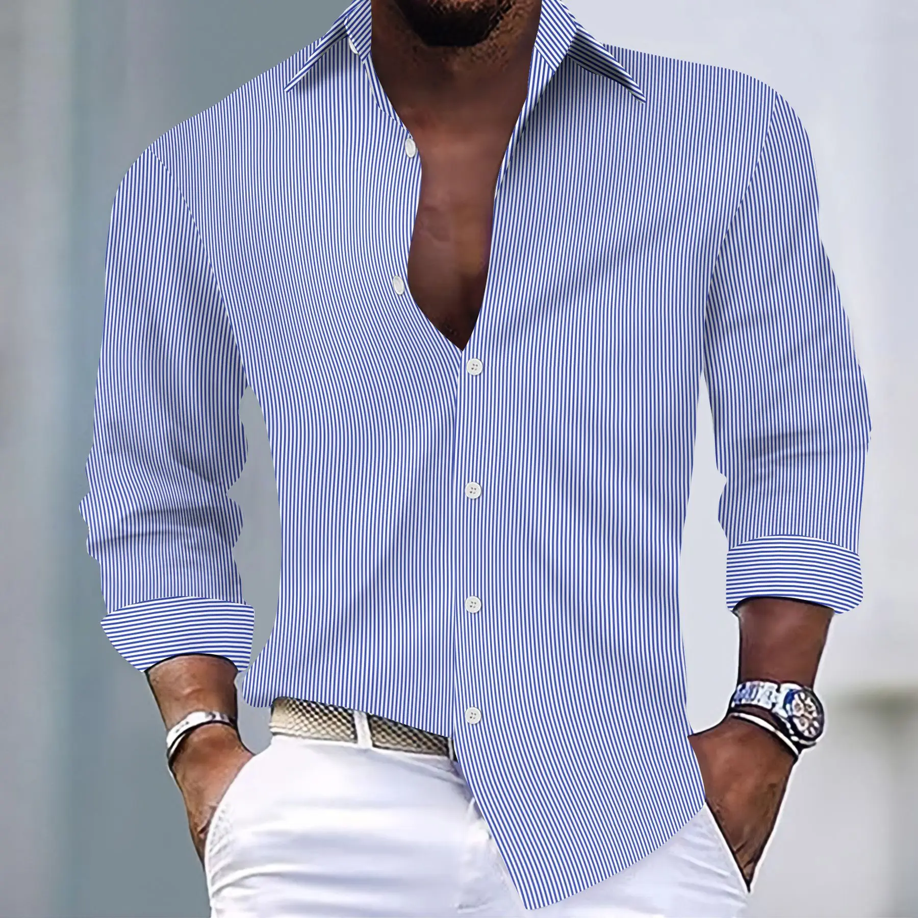New Fashion Men's Yarn Striped Casual Long Sleeve Shirt