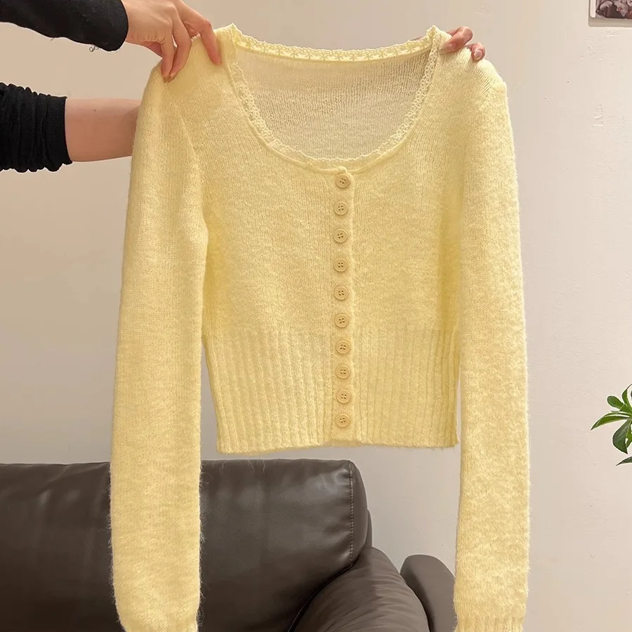 

Temperament Elegant Simple White Soft Waxy Solid Color Personality Fashion Unique Splicing Lace Knitted Sweater Cardigan Top