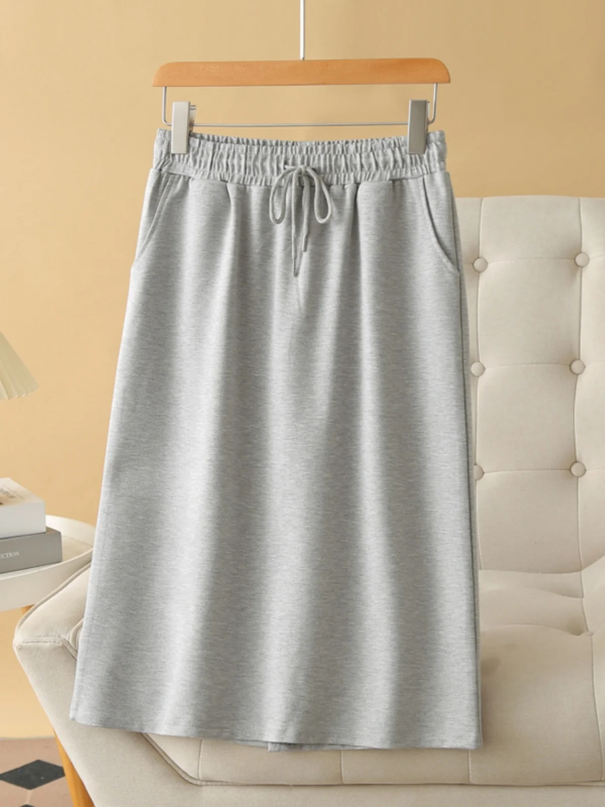 Gray A-Line  Skirt for plus Size Women Tight Fit Elastic Waist Drawstring Back Split Slimming Spring Autumn New Style