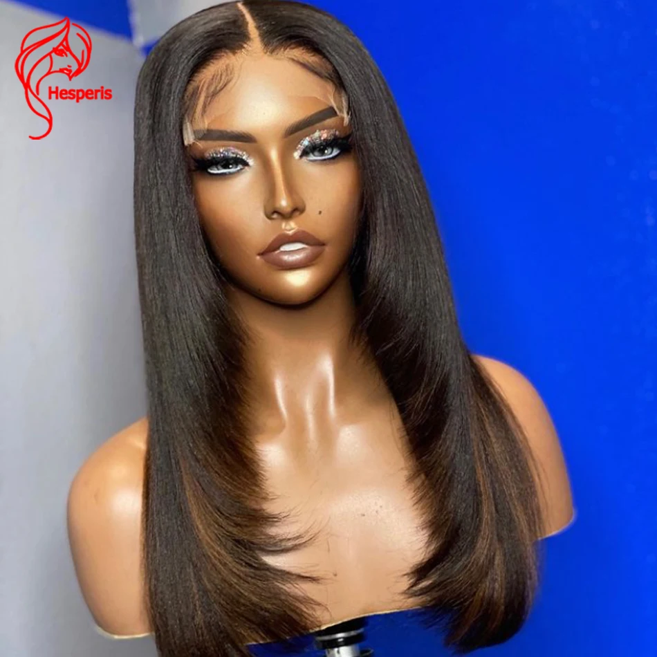 Hesperis Light Yaki Straight Lace Front Wig Highlight 13x6 Lace Frontal Human Hair Wigs Layered Bob Cut For Women Remy Brazilian