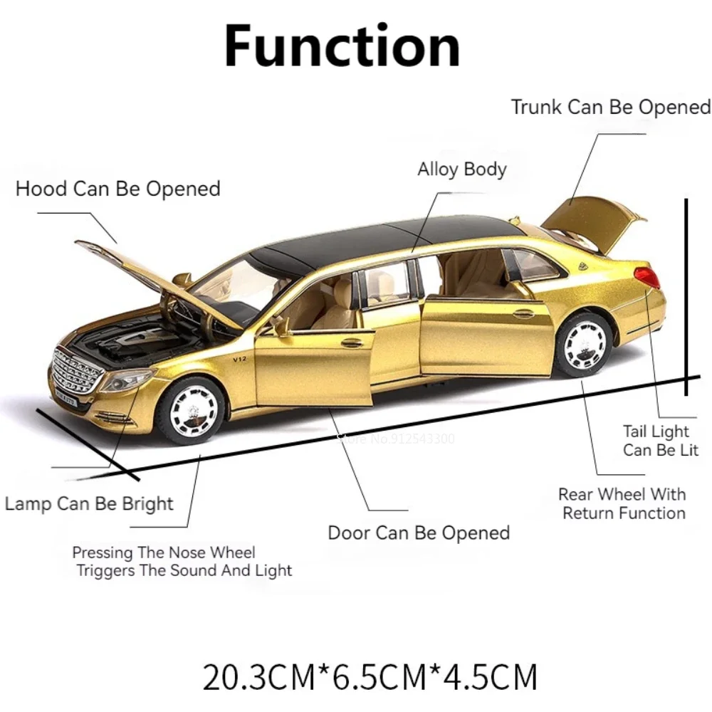 1:32 BENZ Maybach S650 coche de juguete extendido modelo de aleación puertas de cuerpo abierto sonido luz tirar hacia atrás modelos de Metal fundido a presión regalos para niños