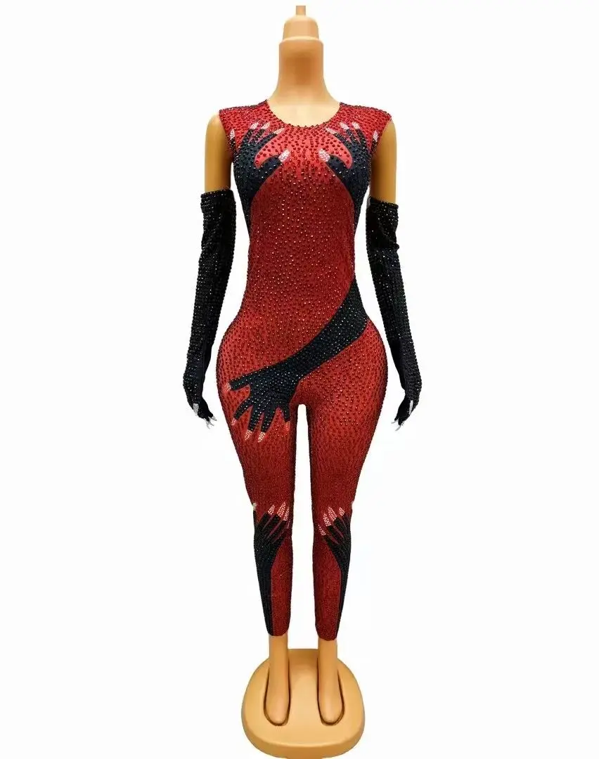 Red Black Full Rhinestones Bodysuit Evening Birthday Celebrate Sexy Stretch Jumpsuit Gloves Outfit Dance Performance Costume