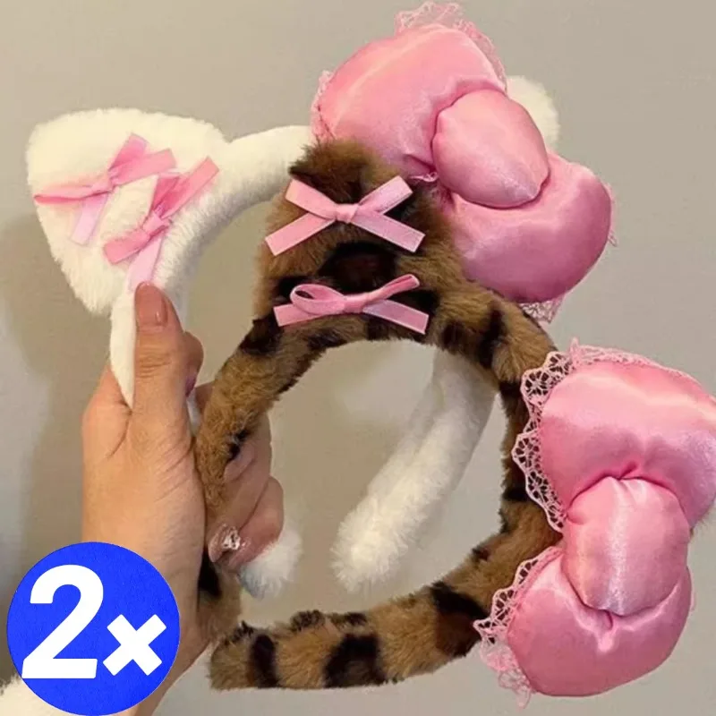 1/2Pcs Bowknot Cat Ear Hair Band Women Big Bowknot Cute Kitty Anime Cat Ear Leopard Anti-skid Hair Bundle Make-up Plush Headband