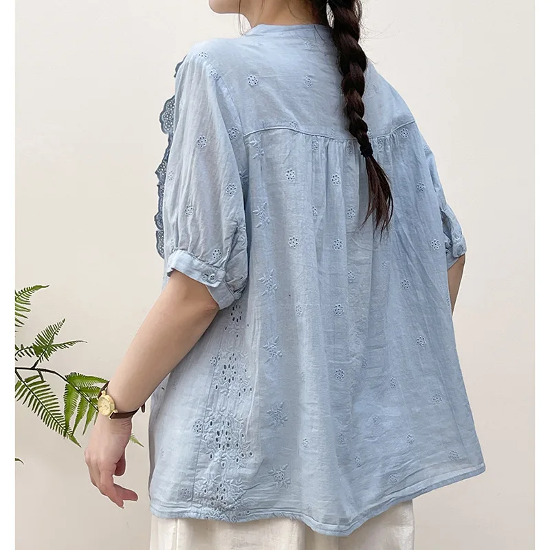 New Spring Cotton Solid Embroidery Shirt Women V Neck Half Sleeve Simplicity Top Girl Loose Commute Blouses 2024 Autumn T44746QC