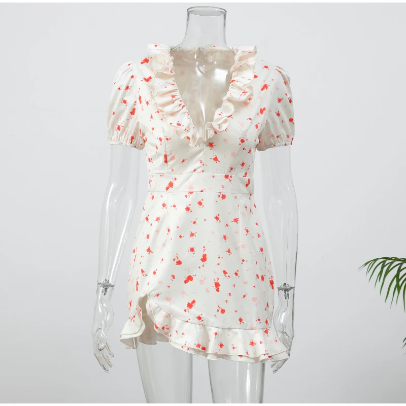 Lady Flare Puff Sleeve V Neck Mini Dress Women Floral Print Sexy Ruched Hem Bodycon Chic Dresses 2026 Party Summer Gowns Petite Sbf847eb87c1e4d7c98d1b6d4024dc97fj