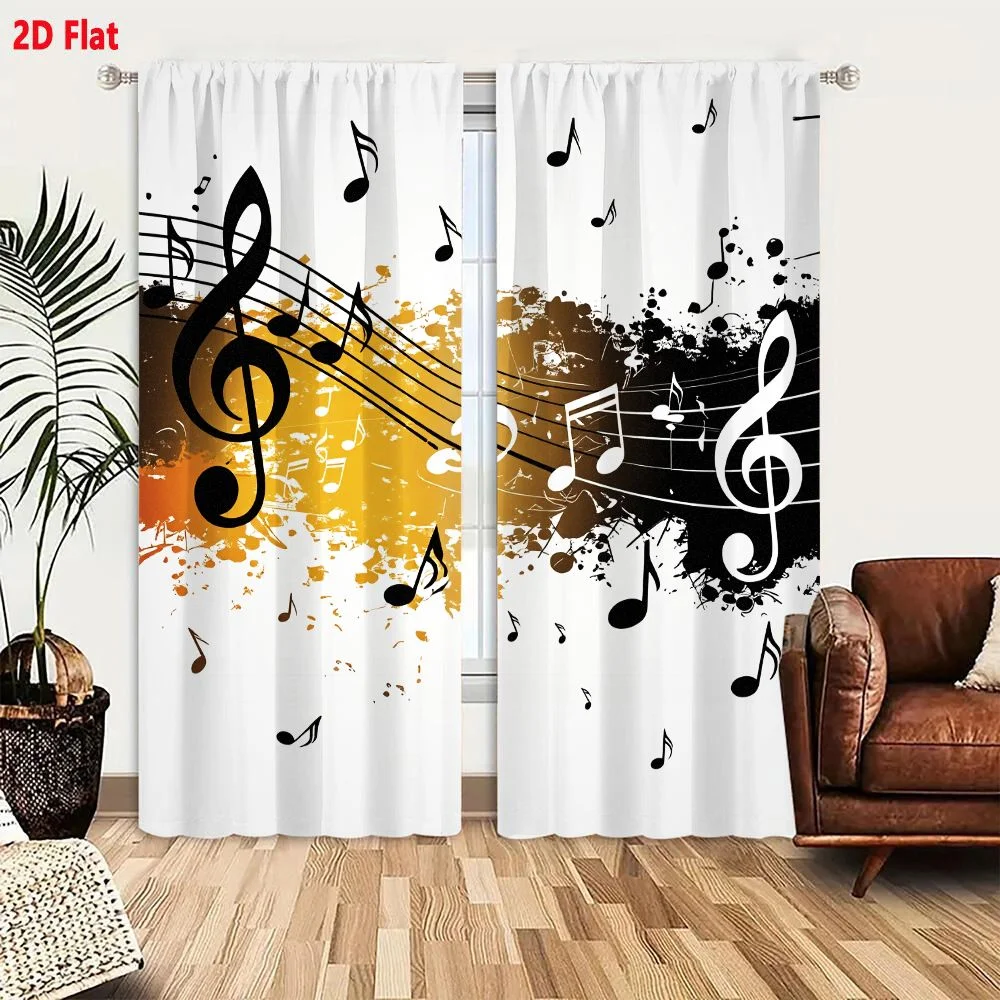 2Pcs Curtains Add 2D Flat Vibrant Abstract Music Graphic Design Treble Clef Staff Notes Grunge Art Window Drapes for Bedroom Roo