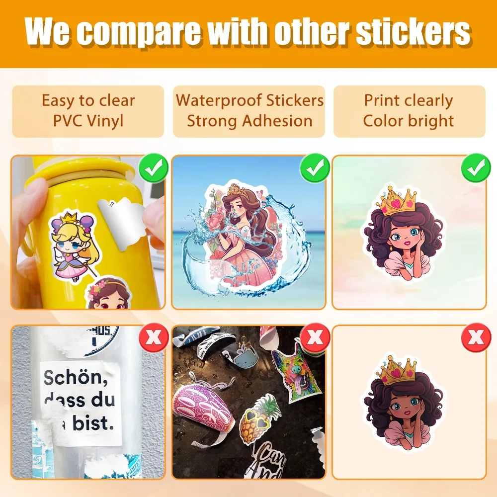 50PCS Cute Cartoon Dress Girl Princess Anime Stickers DIY Laptop Phone Guitar Skateboard Car Sticker for Girls Kids Toy Gift