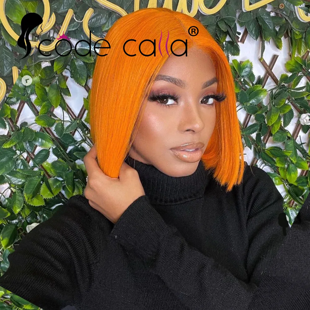 13X4 Ginger Orange Bob Wigs Human Hair Colored Straight Lace Frontal Wig Perruques Cheveux Humains Transparent T Part Lace Wigs