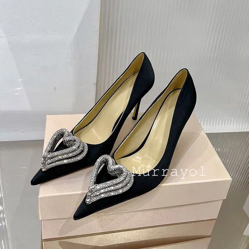 Pointed Toe Satin Thin High Heel Single Shoes Women Heart-shaped Rhinestone Decor Sandals  Summer Party Dress Shoes Pumps