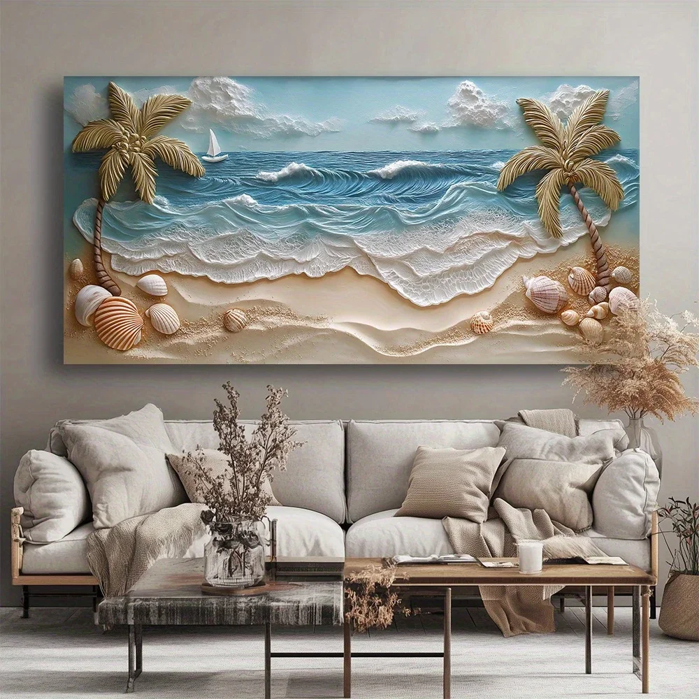 Modern Abstract Beach Palm Trees Poster, Coastal Landscape Painting With Seashells, Beach Theme Decoration, Indoor,No Frame