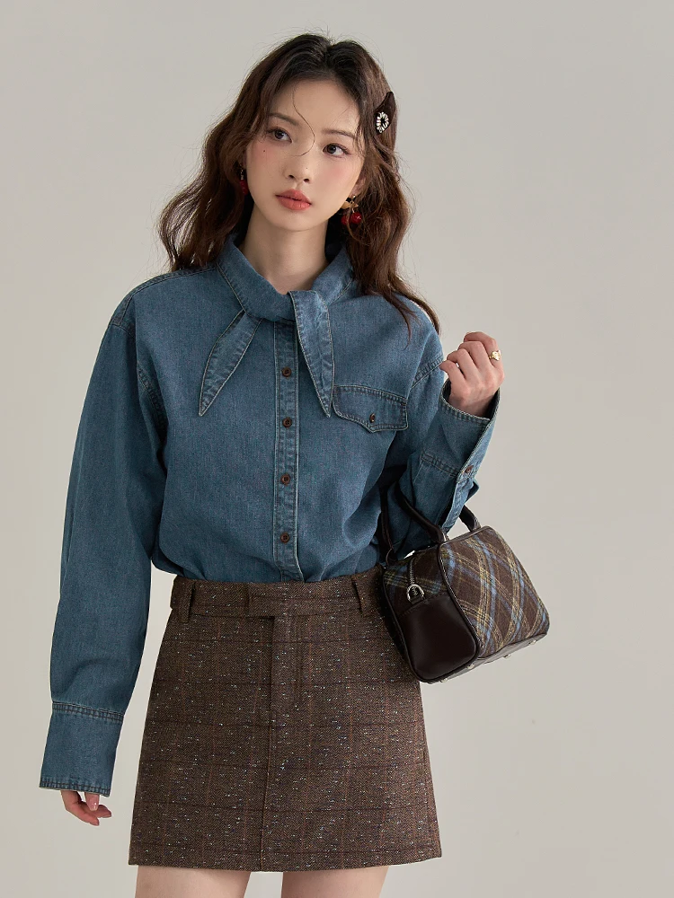 

Lycheerose French Sle Women's Denim irt Blue Bow Tie Long Sve Cotton Polyester Blend Straight Cut Autumn Winter Top