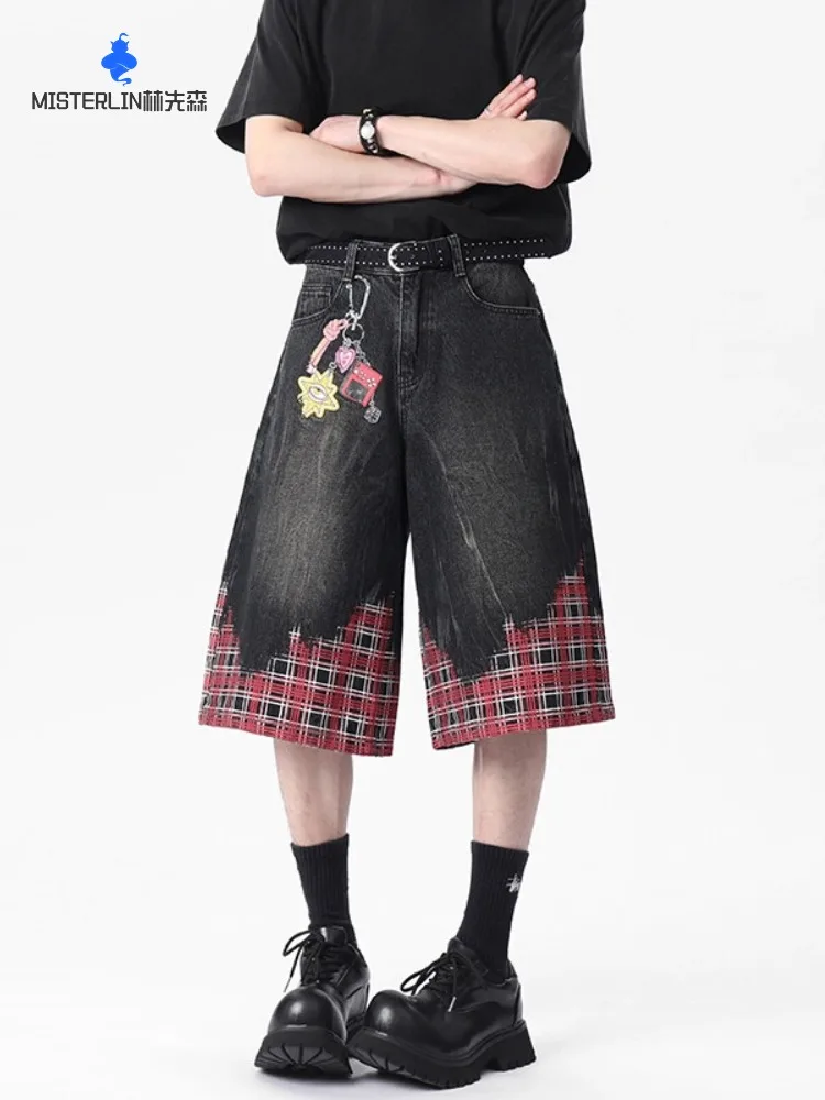 2025 Summer New American Retro Street Style Plaid Denim Capri Pants Fashion Trend Loose Casual Comfortable Shorts for Men