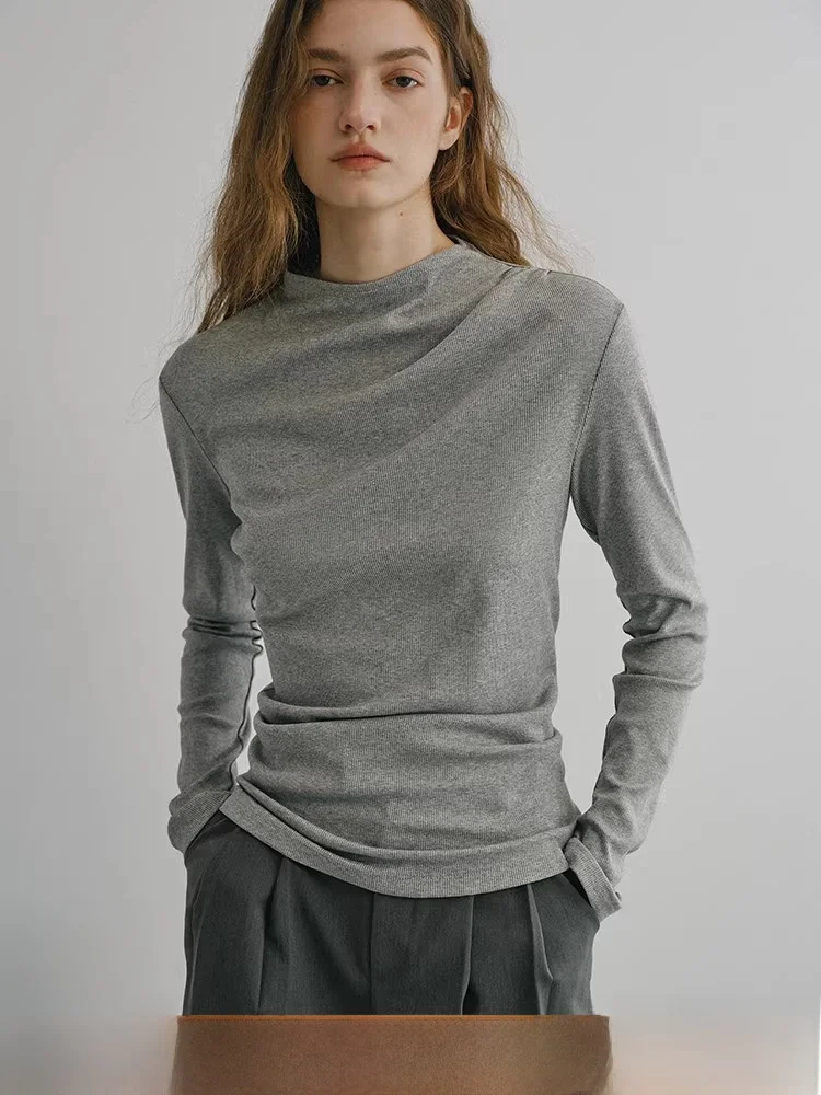 

Асимметричная футболка Long Sve с высоким воротником, облегающая плиссированная основа, повседневная универсальная футболка-стойка