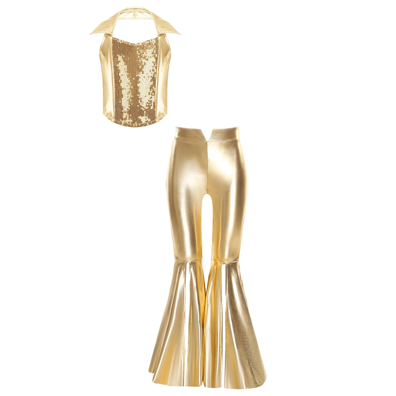 Kids Girls Disco Jazz Dance Outfit Metallic Shiny Halter Sequins Crop Tank Top with Flared Pants Carnival School Party Costume