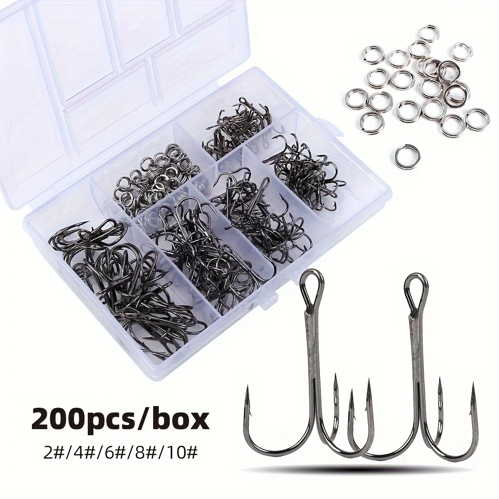 200pcs Fishing Treble Hooks with Double Ring Connectors - Heavy-Duty Stainless Steel Triple Hook for Octopus Lures,