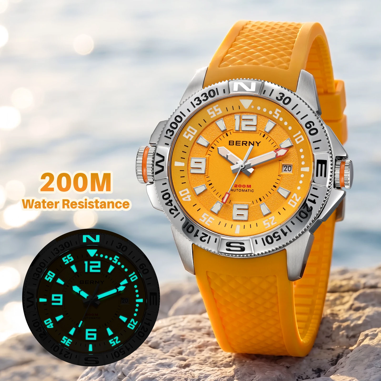 Montre de plongée BERNY 20ATM avec boussole pour homme, montre automatique haut de gamme, saphir super lumineux, AR, luxe, mode, montres de sport de plein air pour homme