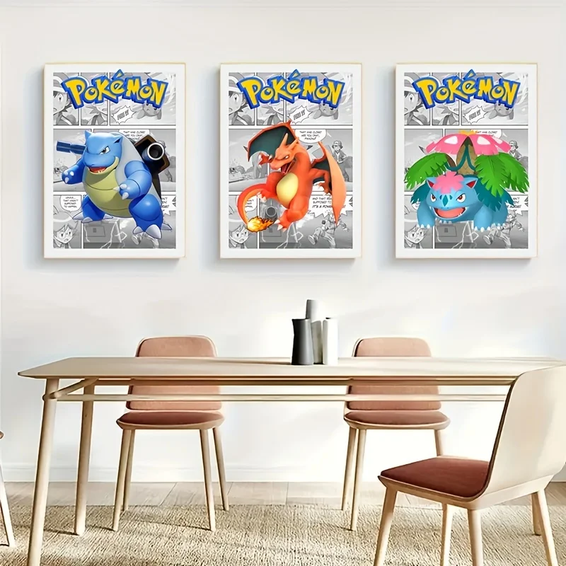 โปสเตอร์โปเกมอน Charizard Blastoise venusaur ภาพวาดผ้าใบอะนิเมะญี่ปุ่นศิลปะบนผนังตกแต่งติดผนังเกม3ชิ้นการตกแต่งบ้านไร้กรอบ