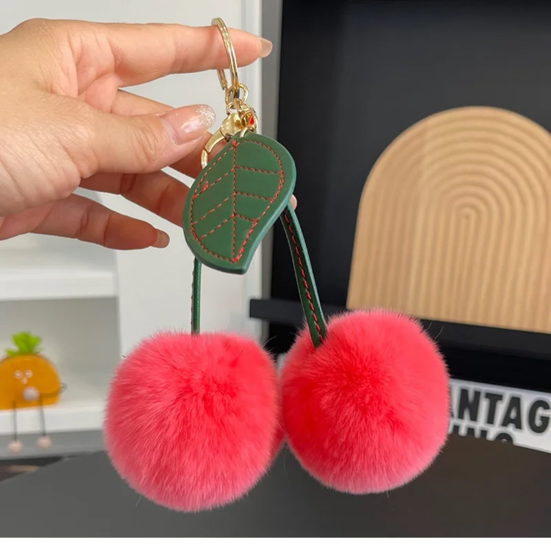 Wholesale New imitation wool single leaf cherry plush pendant fashion car keychain Net popular cute bag ornaments